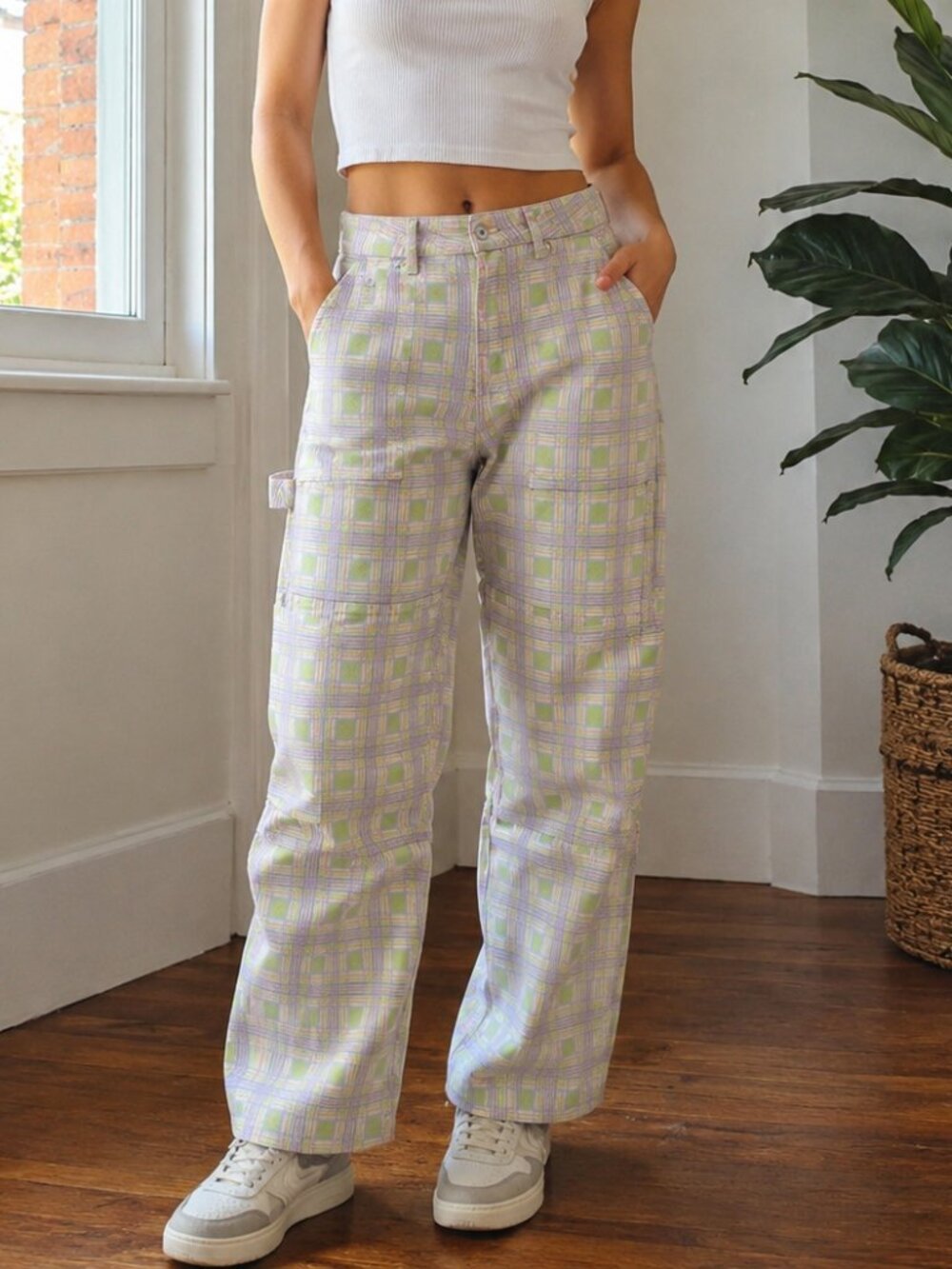 The Ragged Priest Pastel Plaid Wide Leg Carpenter Jeans Size 34